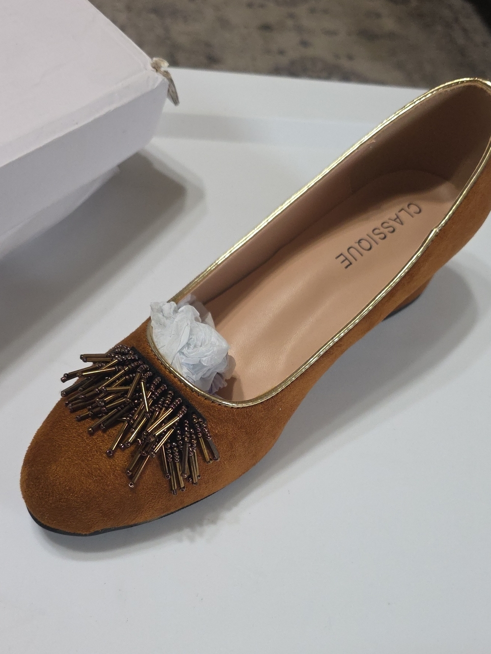 ClassiShoe Tan Suede Bead-Tassel Ballet Flat